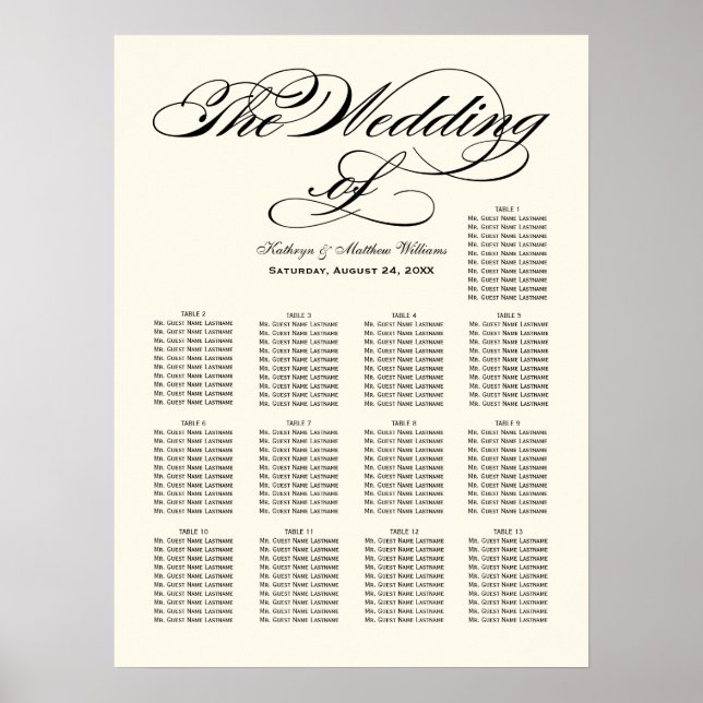 Affiches Plan de table de mariage à calligraphie noire élég (Devant)