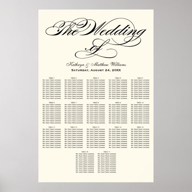 Affiches Plan de table de mariage à calligraphie noire élég (Devant)