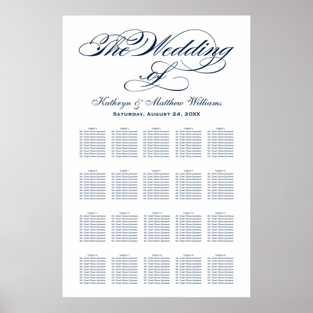 Affiches Plan de table de mariage à la calligraphie marine  (Devant)
