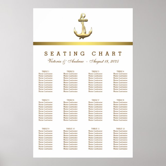 Affiches Plan de table de mariage à l'ancre en or Nautical  (Devant)