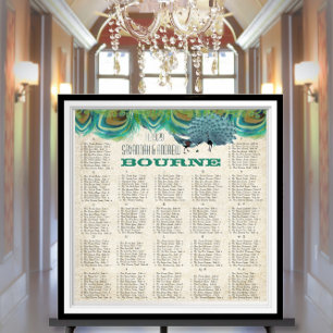 Affiches Plan de table de mariage aux plumes de paon vintag