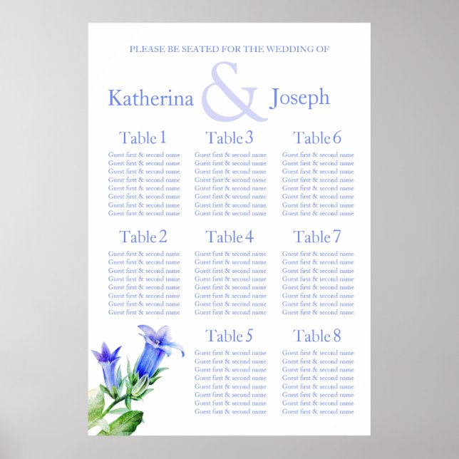 Affiches Plan de table de Mariage bleu 1-8 (Devant)