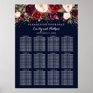 Affiches Plan de table de mariage bordeaux or marine floral