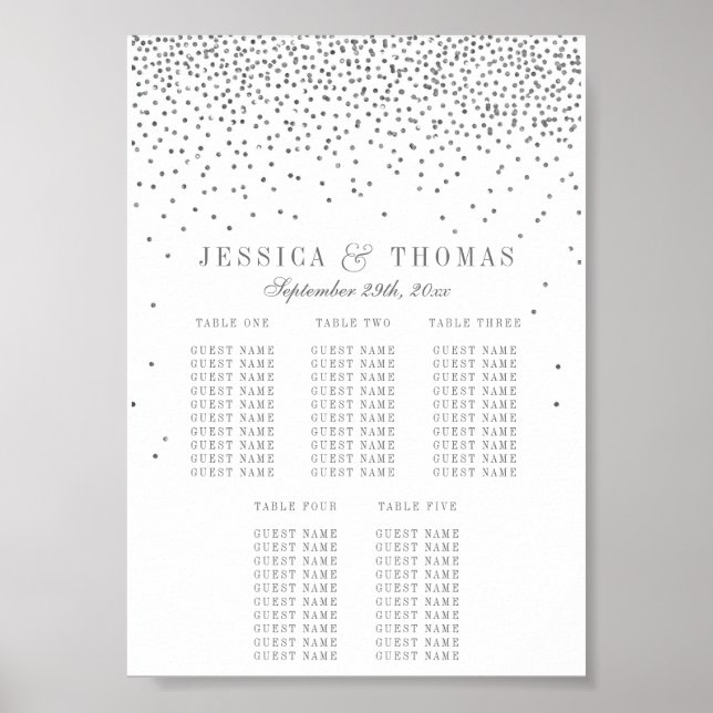 Affiches Plan de table de mariage confetti argenté glamour  (Devant)