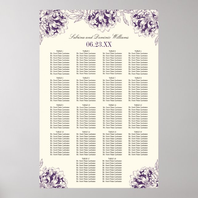 Affiches Plan de table de mariage élégant aux fleurs de piv (Devant)