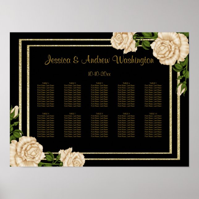 Affiches Plan de table de mariage Elégant Coin Roses d'Ivoi (Devant)