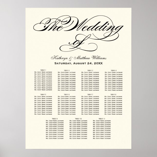 Affiches Plan de table de mariage élégant en calligraphie n (Devant)