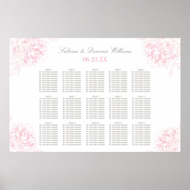 Affiches Plan de table de mariage élégant rose gris floral (Devant)