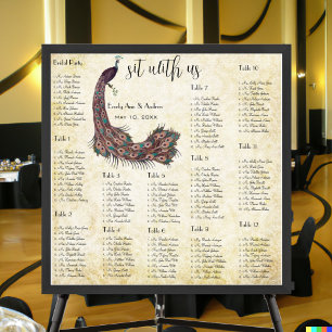 Affiches Plan de table de mariage en damas paon 12 tables