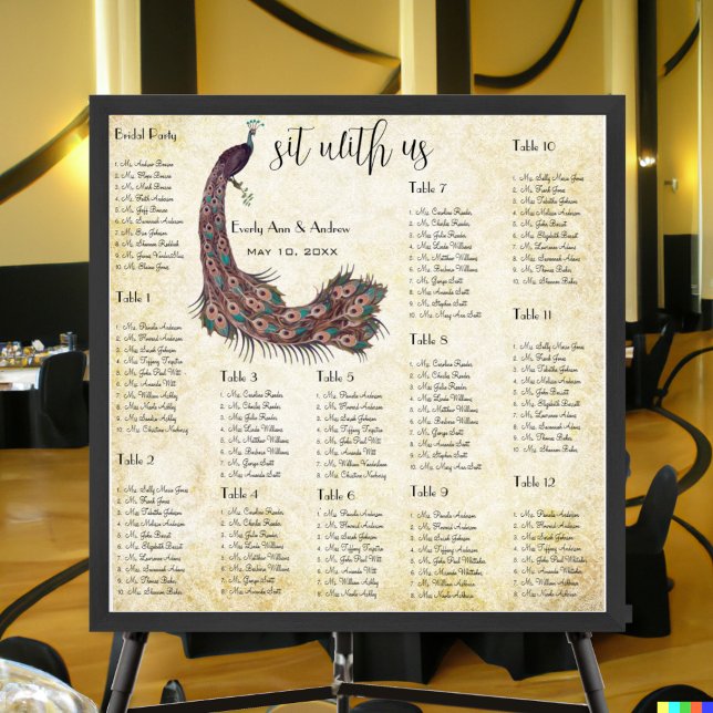 Affiches Plan de table de mariage en damas paon 12 tables (Créateur téléchargé)