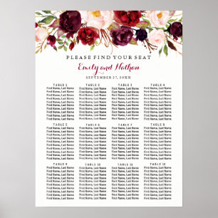 Affiches Plan de table de mariage floral bordeaux rouge