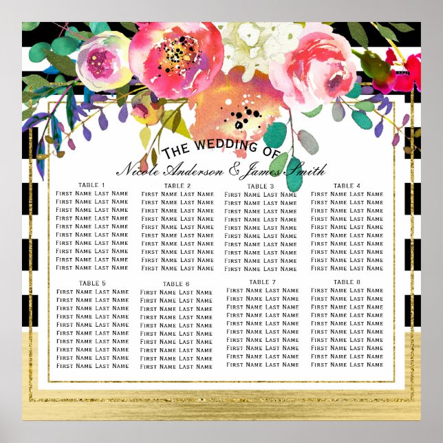 Affiches Plan de table de mariage floral moderne noir blanc (Devant)