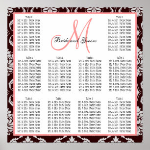 Affiches Plan de table de mariage modèle damassé brun rose