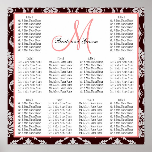 Affiches Plan de table de mariage modèle damassé brun rose (Devant)