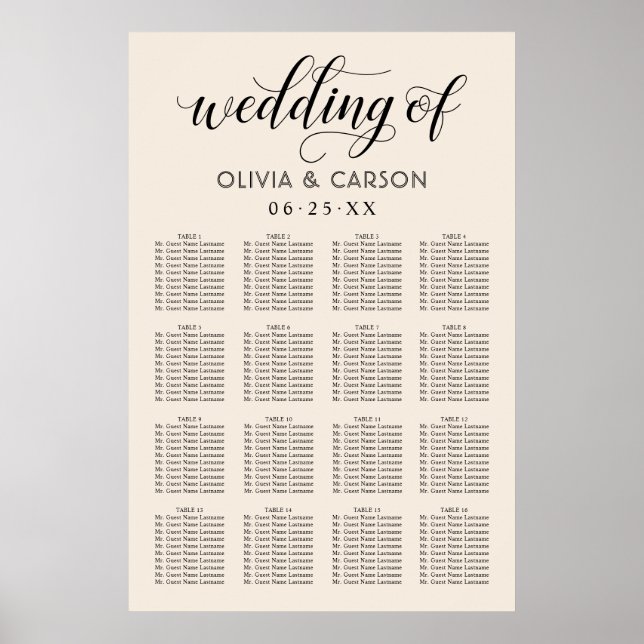 Affiches Plan de table de mariage moderne crème et noir écr (Devant)
