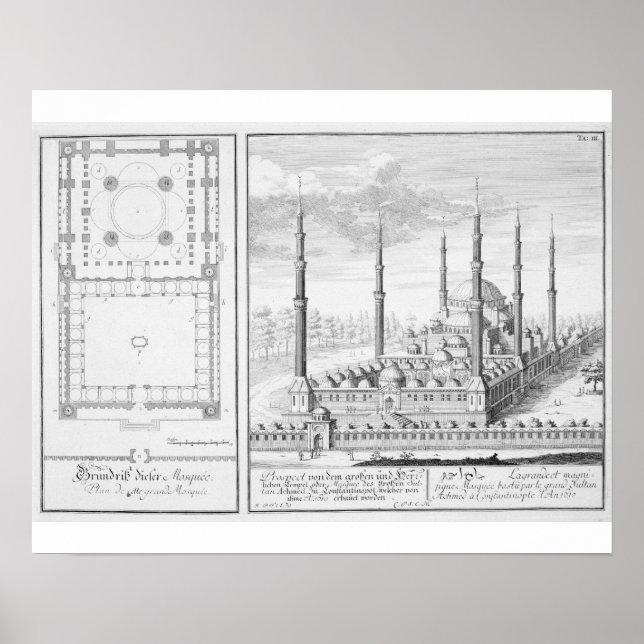 Affiches Plan et vue sur la Mosquée Bleue (1609-16), constr (Devant)