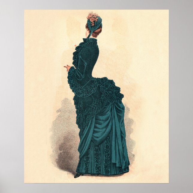 Affiches Planche de mode antique victorienne : Robe à tourn (Devant)