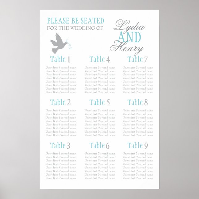 Affiches Planche gris aqua bleu mariage plan de table assis (Devant)