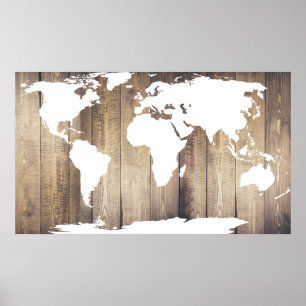 Affiches Planches de bois rustiques Carte du monde blanche