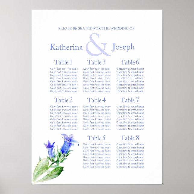Affiches Planificateur de table de mariage bleu 1-8 (Devant)
