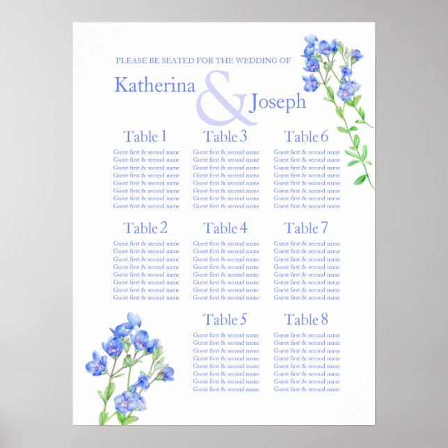 Affiches Planificateur de table de mariage bleu Speedwell 1 (Devant)