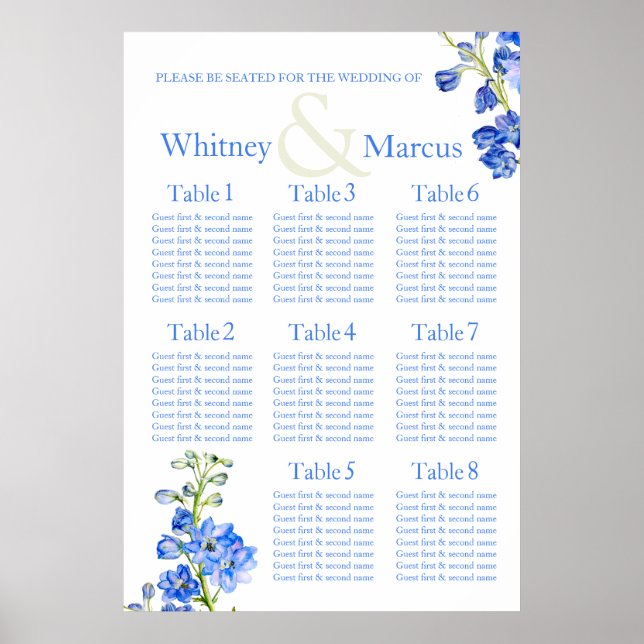 Affiches Planneur de table de Mariage bleu Delphinium (Devant)