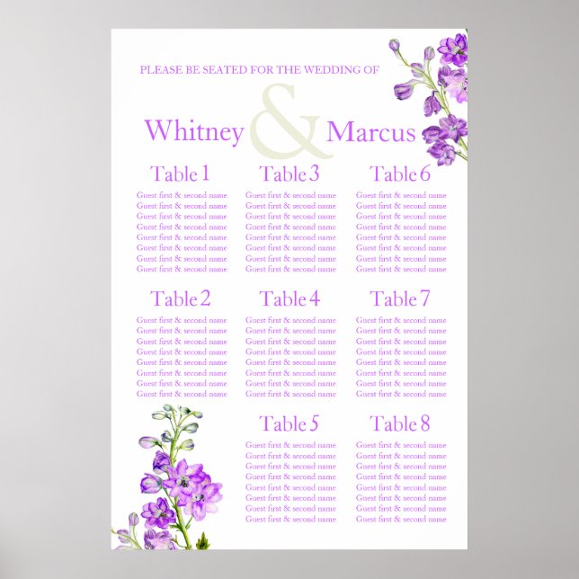 Affiches Plannière de table de Mariage violet de Delphinium (Devant)