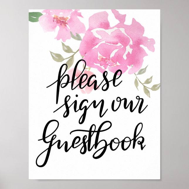 Affiches Please Sign Our Guestbook Script Floral Wedding (Devant)