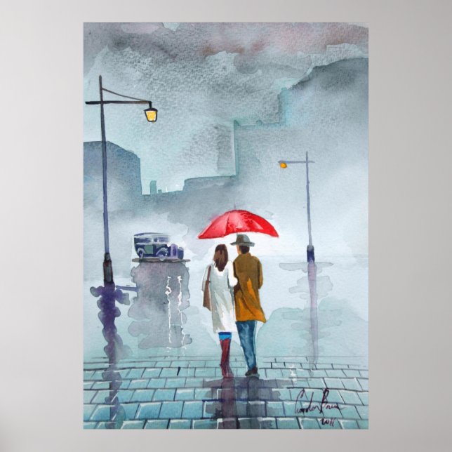 Affiches Pluie jour romantique couple rouge parapluie (Devant)