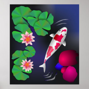 Affiches Poisson japonais Koi, Fleurs de Lotus et Lys d'eau