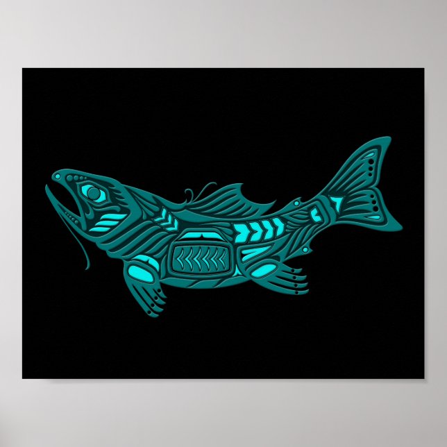 Affiches Poisson turquoise bleu Haida Spirit sur noir (Devant)