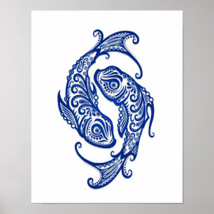 Affiches Poissons bleus complexes Zodiac sur blanc