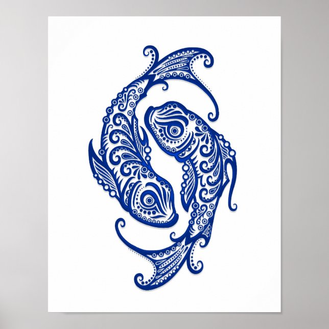 Affiches Poissons bleus complexes Zodiac sur blanc (Devant)