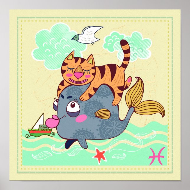 Affiches Poissons Chat Zodiac Nursery Imprimer (Devant)
