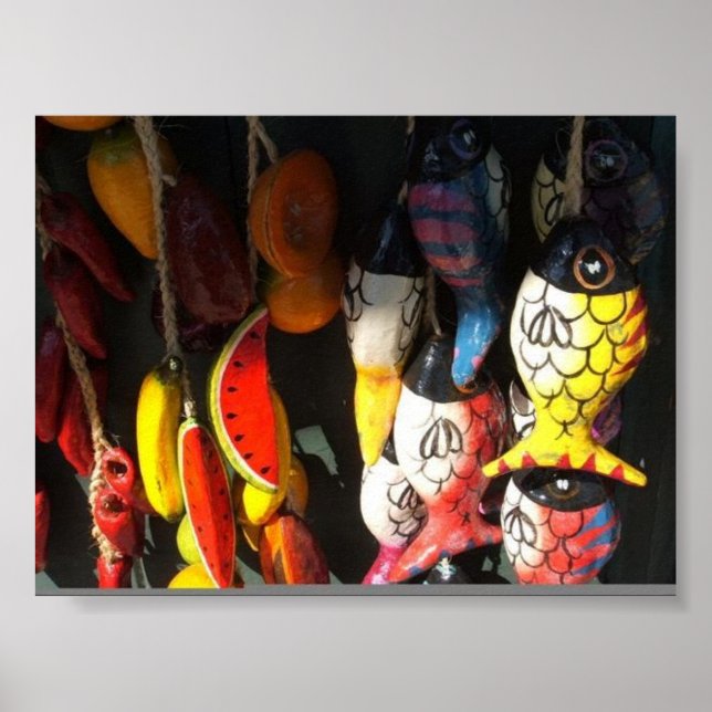 Affiches poissons et fruits colorés au marché (Devant)