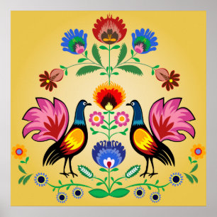 Affiches Polonais Avec Floral Décoratif & Cockerels