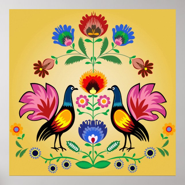 Affiches Polonais Avec Floral Décoratif & Cockerels (Devant)