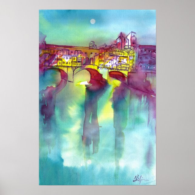 Affiches PONTE VECCHIO Florence la nuit Aquarelle (Devant)