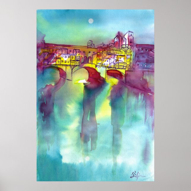 Affiches PONTE VECCHIO Florence par aquarelle de nuit (Devant)