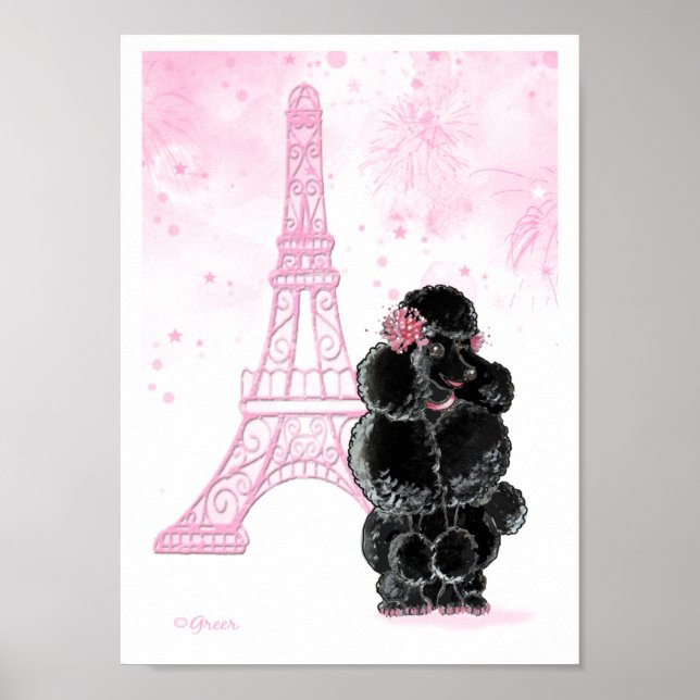 Affiches Poodle noir avec tour Eiffel rose (Devant)