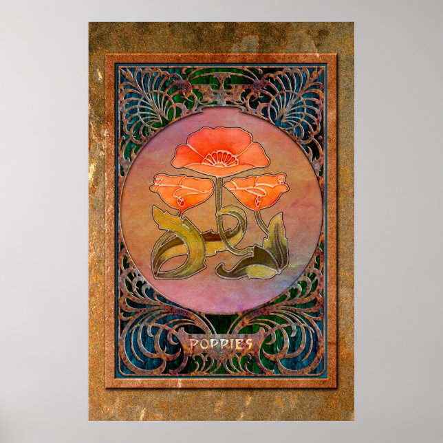 Affiches Poppies Art Nouveau en Coppery Mucha Frame (Devant)