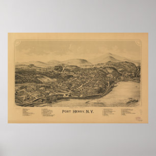 Affiches Port Henry New York 1889 Antique carte panoramique