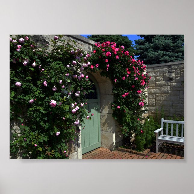 Affiches Porte de Jardin Vert avec banc, 7 sur 5 pouces (Devant)