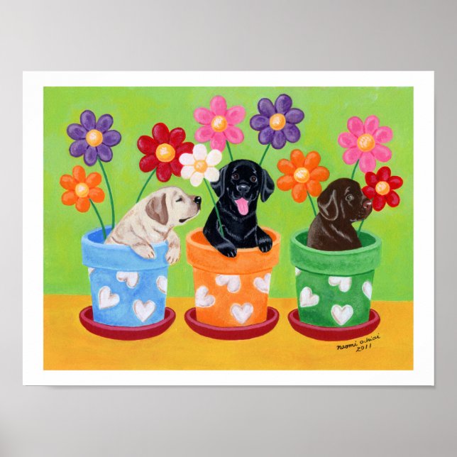 Affiches Pot à fleurs Labrador Chiots Artwork (Devant)