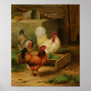 Affiches Poultry Feeding in a Barn