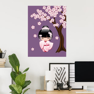 Affiches Poupée blanche de Kokeshi de kimono - fille de