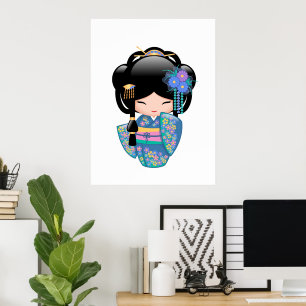 Affiches Poupée de Keiko Kokeshi - fille de geisha bleue de