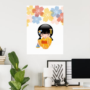 Affiches Poupée de Kokeshi d'été - fille de geisha jaune de