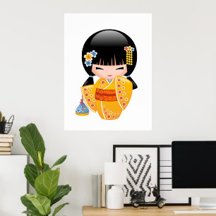 Affiches Poupée d'été Kokeshi - Kimono Jaune Geisha Girl