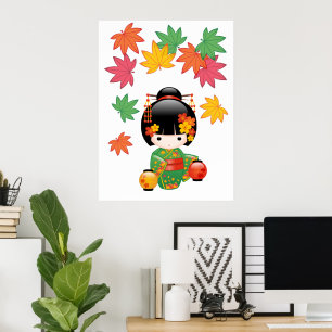 Affiches Poupée Kokeshi d'automne - Fille Geisha en Kimono